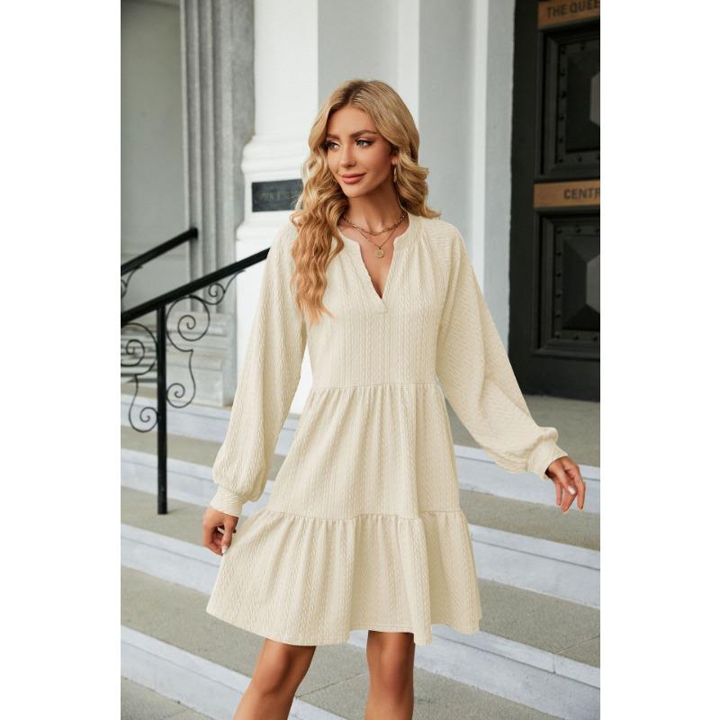 Весенне-осеннее женское платье, однотонное, с v-образным вырезом, свободные плиссированные платья с длинными рукавами