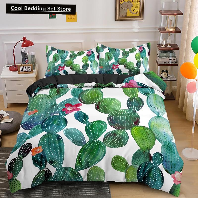 Пододеяльник Cactus King Queen Набор постельного белья с суккулентами для детей, подростков, взрослых Зеленый Ботанический с цветами 2/3 предмета Полиэстеровый пододеяльник