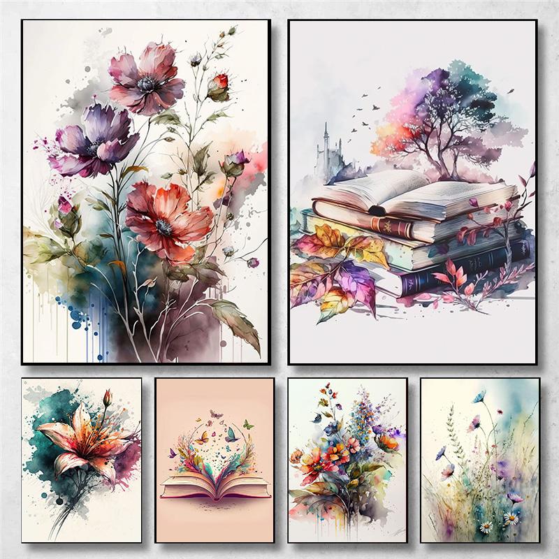 Цветы в акварельном стиле Книги Пейзажное искусство Постер Холст Живопись Настенные принты Картина для гостиной Домашний декор