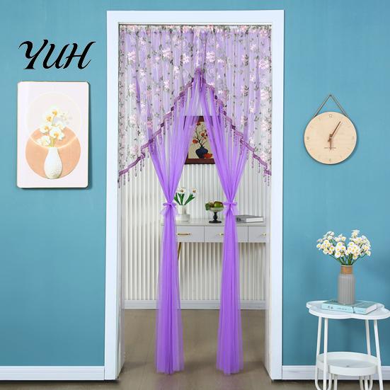 Sheer Privacy Curtain for Bedroom Lace Door Curtain, Embroidered Floral Doorway with Beads, Practical Housewarming Gift Idea Rod Pocket Room