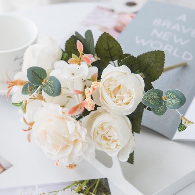 2 пучка искусственных цветов пиона, ретро шелковая роза, гортензия, винтажный свадебный букет, домашнее свадебное украшение, искусственный цветок