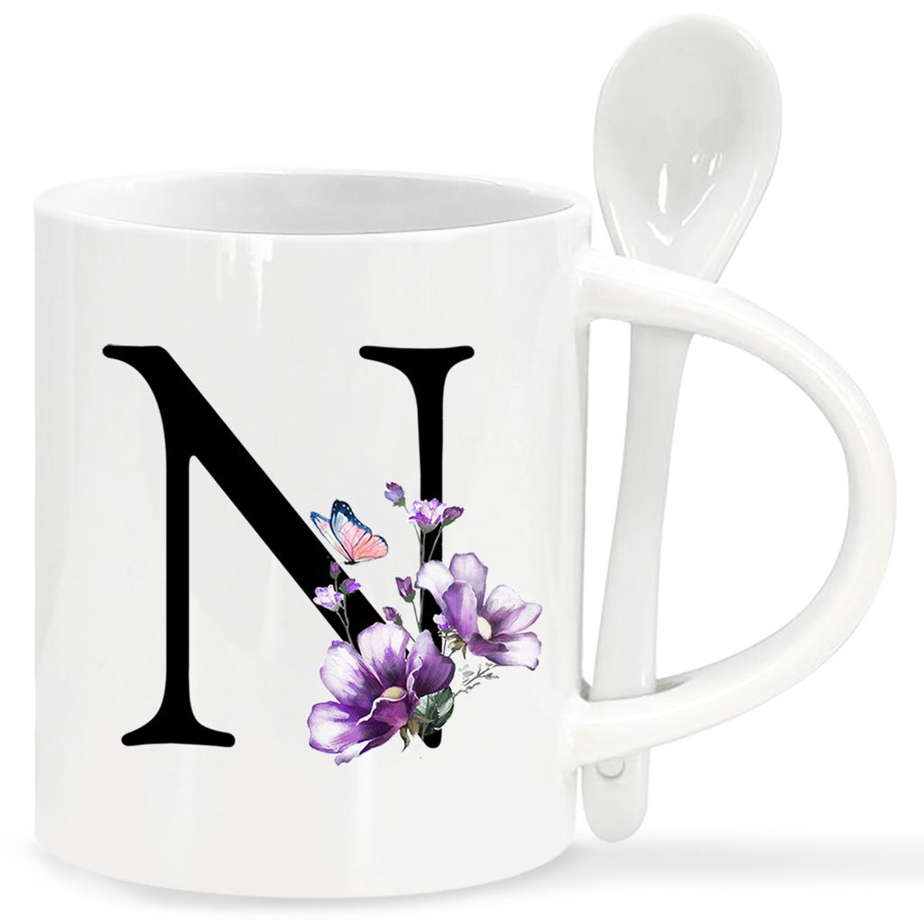 1 шт., кружки для кофе Letter Flower AZ для офиса и дома, подарки на день рождения для женщин, праздничный подарок, керамическая кружка для кофе на 11 унций с ложкой