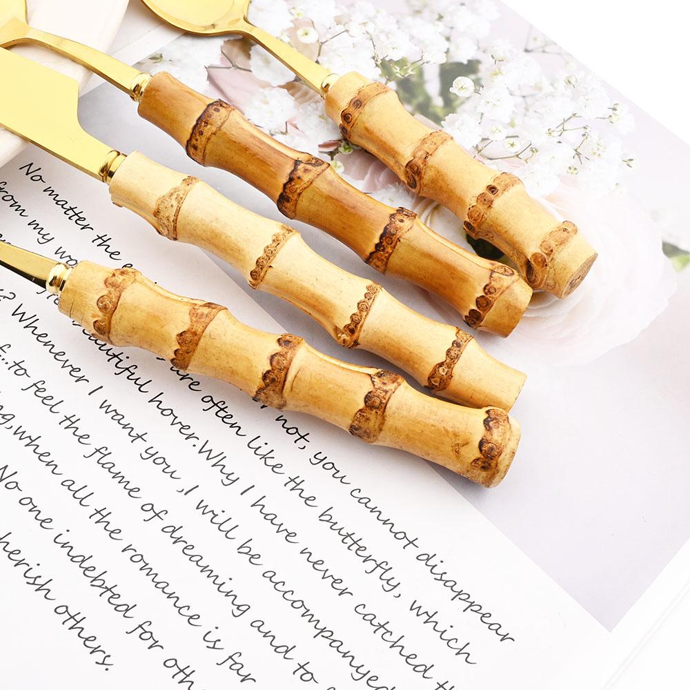 Jankng 16 шт., набор посуды из натурального бамбука, золота, роскошный западный набор посуды, кухонная вилка из нержавеющей стали, ложки, набор столовых приборов