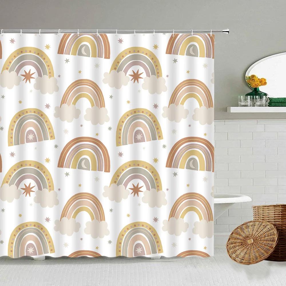 Cartoon Hand-Painted Animal Shower Curtain, Cat, Bird, Rabbit, Plant, Flower, Child Bathroom Decor With Hook