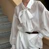 Women Shirt Lapel Bow Tie Collar Flared Long Sleeve Single Breasted Shirt Tops See-through Solid Color Loose Fit Female Casual Shirt