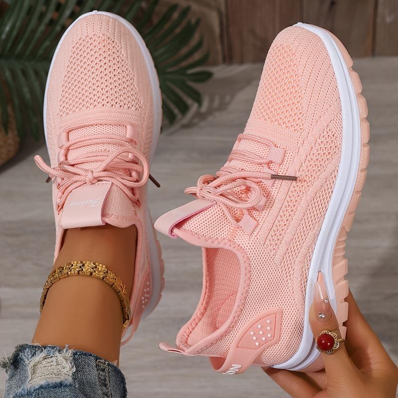 Women's White Low-Top Knit Sneakers Lightweight Lace-Up Anti-Slip All-Season Casual Light Workouts