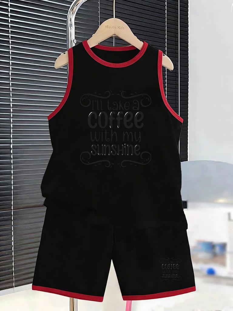 Boys simple coffee & sunshine casual short set. Minimalist daily style, soft breathable fabric for loungewear and leisure outings.