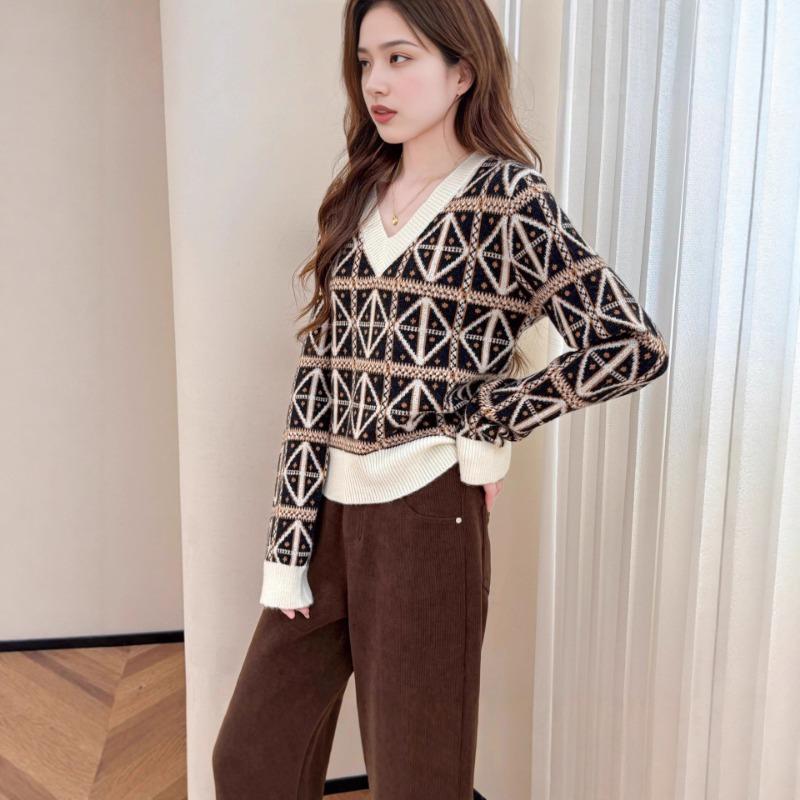 Осень Зима V-образный вырез Алмазная лоскутная вязка Свободный Повседневный Свитер Женский Винтажный Вязаный Базовый Пуловер Топ