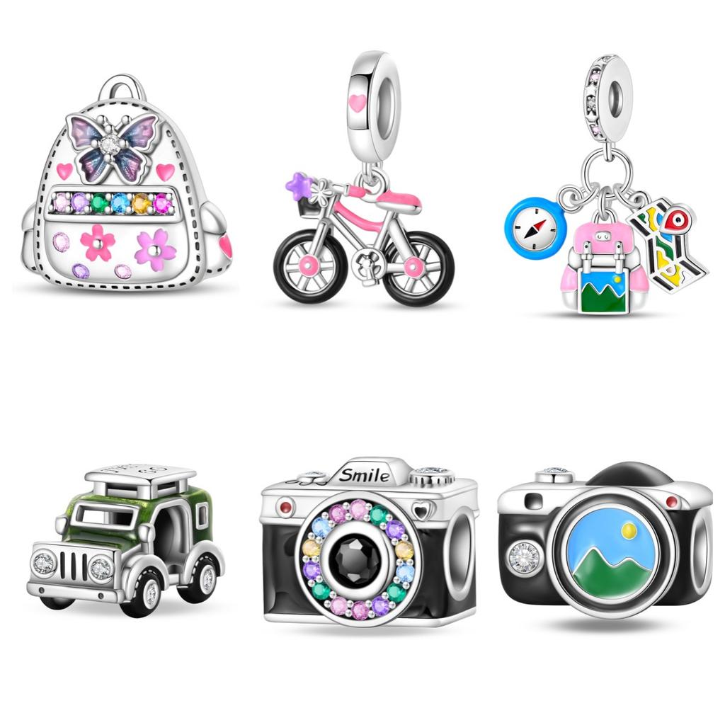 Style Creative Bicycle Camera Beaded Charms Beads Diy Jewelry Accessories Bracelet 925 Silver Plated