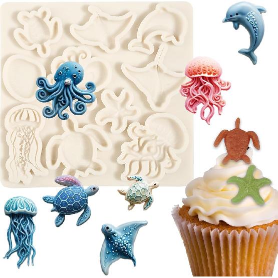 1 Pcs Ocean Theme Cake Decoration Silicone Mold, Turtle Octopus Chocolate Fondant Mold, for Kitchen Baking Cupcake Topper Chocolate Candy and Resin