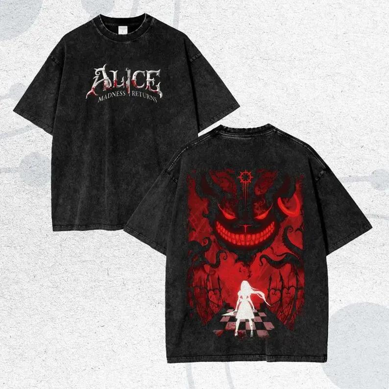 Alice Madness Returns Выстиранная футболка для пар Плюс размер Унисекс Одежда с индивидуальностью Одежда на весь год Классическая Высокое качество Мягкая