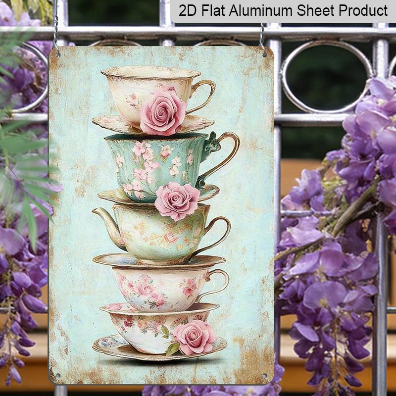 2D Flat, 1pc Vintage Tea Party Metal Wall Art Sign - 8x12 Inch Aluminum Floral Teacups & Roses Design, Rustic Distressed Edges, Pre-Drilled Holes for