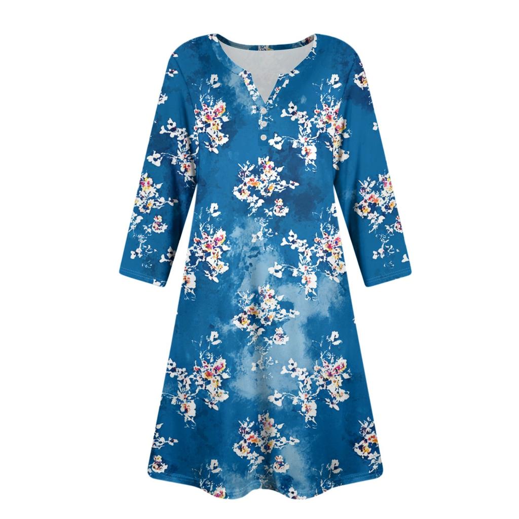Женское модное платье с V-образным вырезом, пуговицами, рукавами длиной семь восьмых, карманом и цветочным принтом