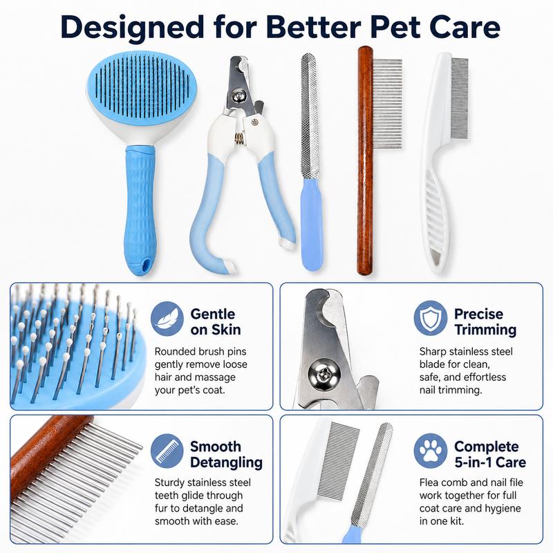 Popular 5-Piece Pet Grooming Kit, Nail Clipper Comb Flea Comb, Hair Cleaning Tool for Dogs Cats
