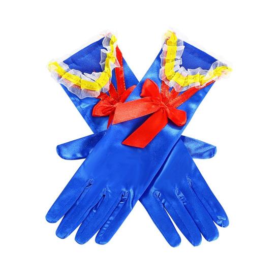 Princess Cosplay Gloves Royal Blue Satin Gloves with Ruffles And Red Bow Girls Cosplay Gloves for Costume Parties Stage Performances