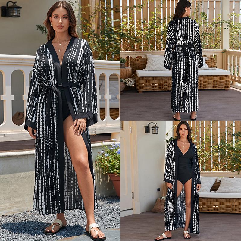 Европейско-американская пляжная накидка тай-дай: Кардиган средней длины из вискозы для защиты от солнца для женского отпускного ношения с бикини