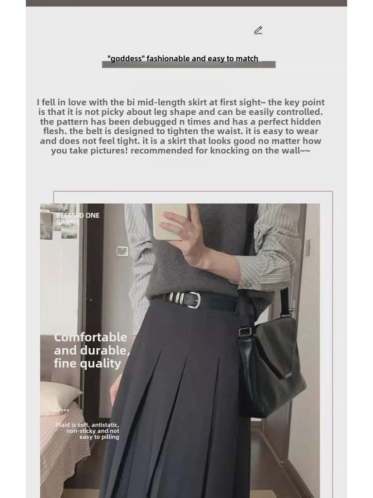 Women's High-Waist Gray Wool A-Line Skirt - Autumn/Winter Pleated, Elegant Slim-Fit.