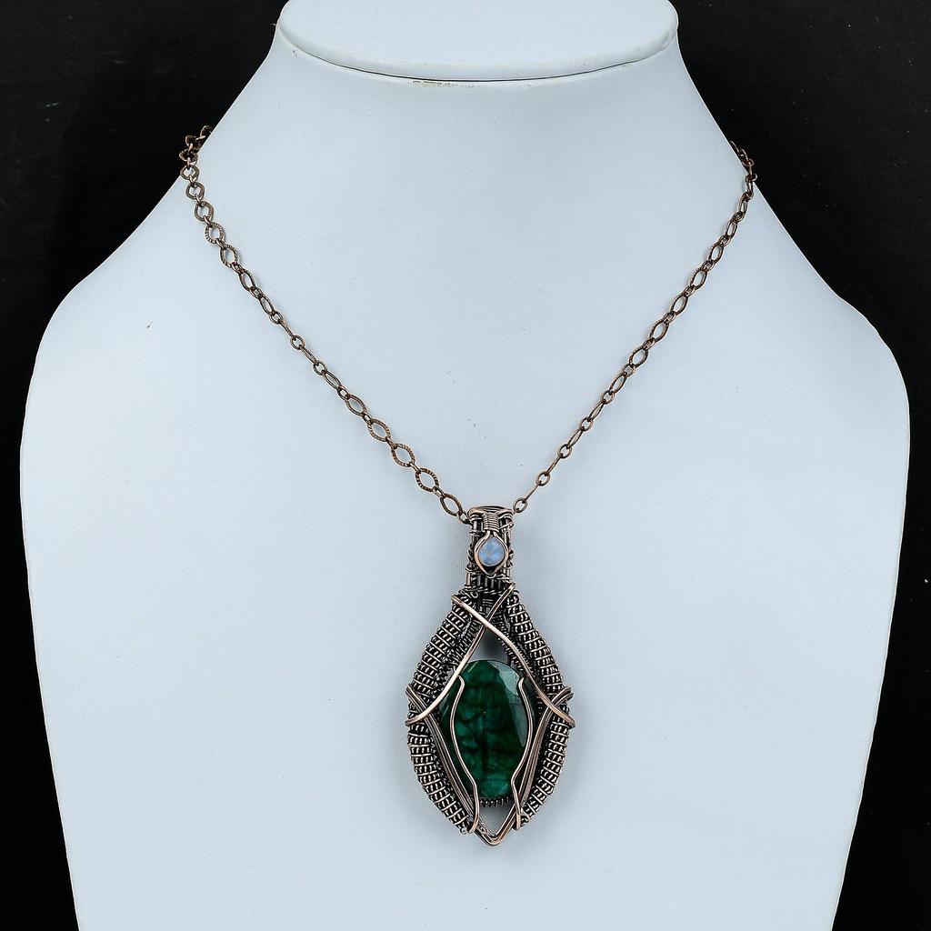 Ограненный замбийский изумруд, медный кулон, медная проволока, кулон, кулон ручной работы, медный ювелирный подарок, Радужный лунный камень, драгоценный камень, ювелирные изделия