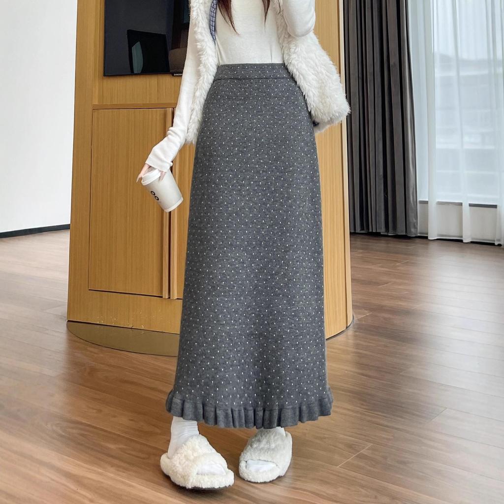 2025 Autumn/Winter Women's Polka Dot Lace Knit A-line Skirt - High Waist, Slimming, Lazy Style