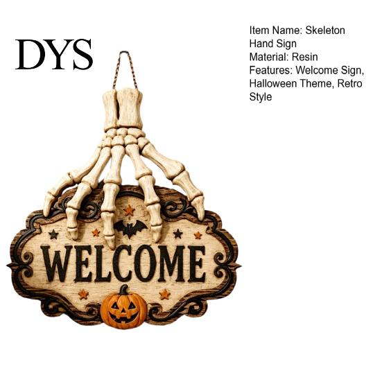 Decorative Wooden Hanging Craft Skeleton Hand Door Welcome Sign, Halloween Pumpkin Bat Pattern Decor, Creepy Skull Theme Signage Wall Plaque,