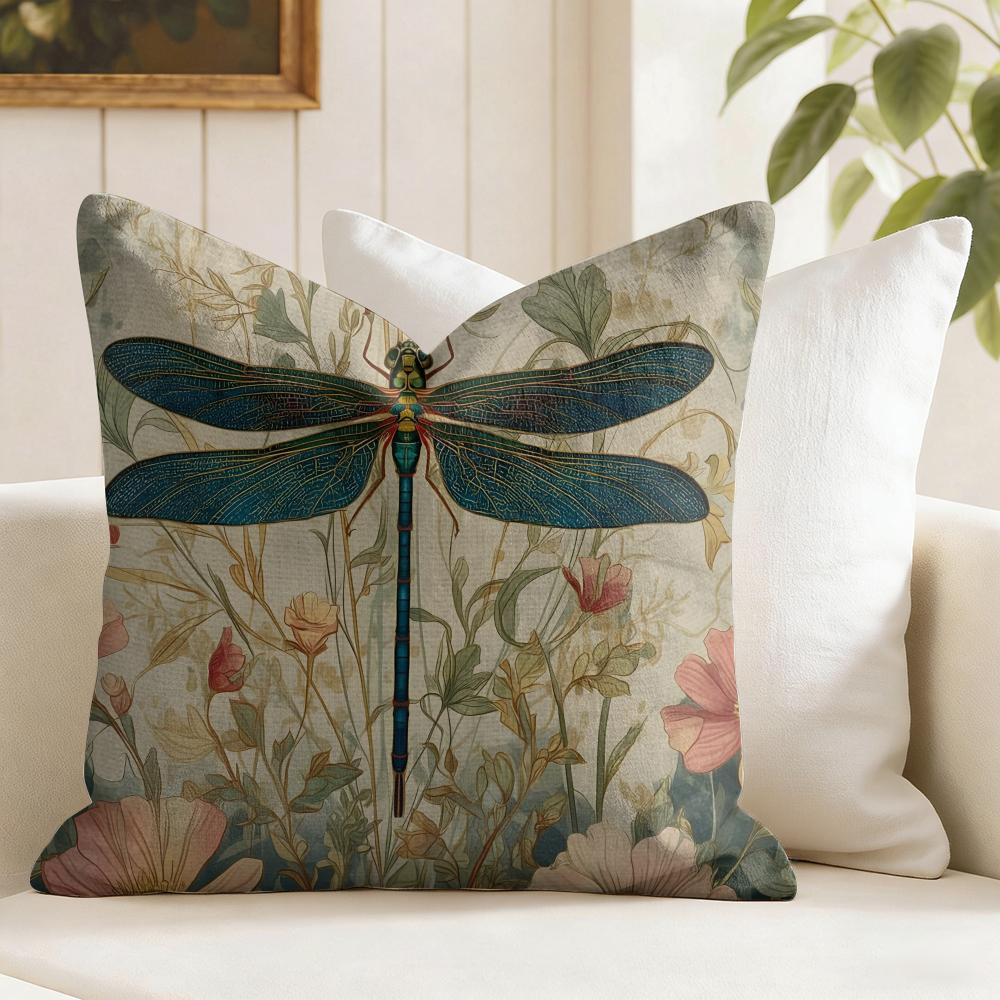 Dragonfly Lotus Cushion Cover Summer Linen Pillow Case Organic Fabric Cushion Cover DoubleSided Print Sofa Home Decor