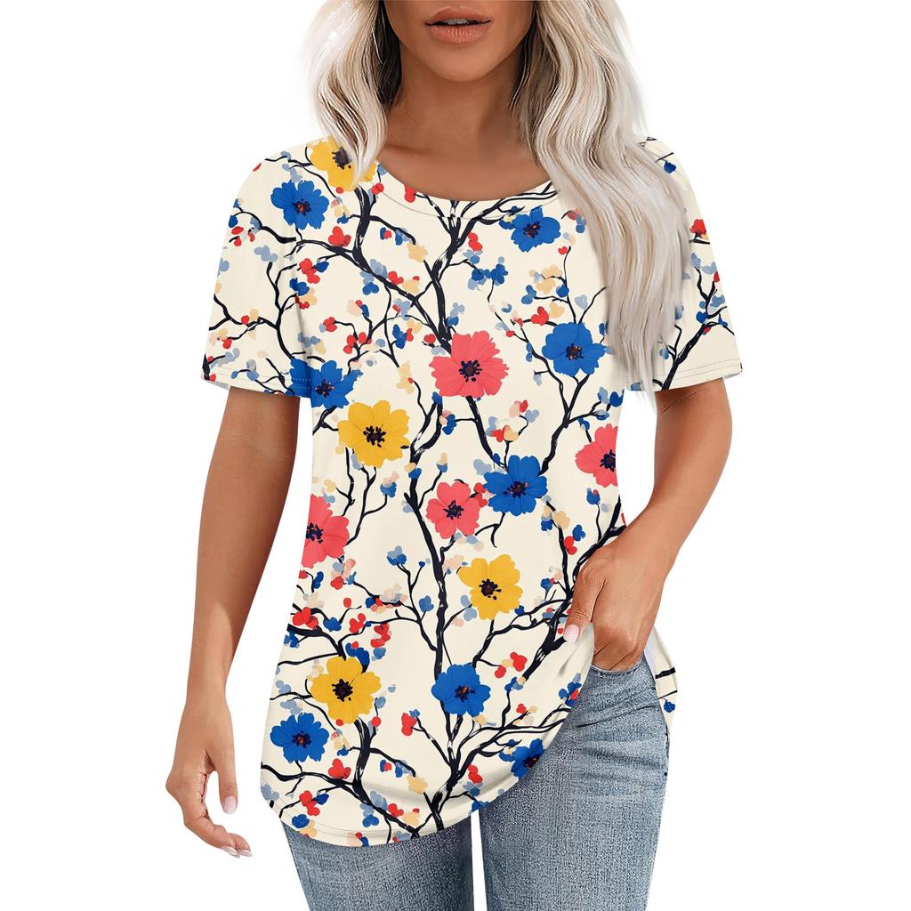 Women's Retro Printed Fashion Casual Round Neck Short Sleeve T-Shirt Top