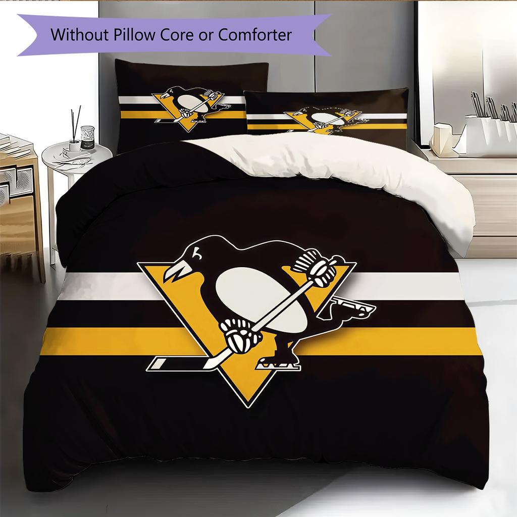 Pittsburgh Penguins Pattern Bedding Quilt Set Home Decoration Gift (1 * duvet cover + 2 * pillowcase without core)