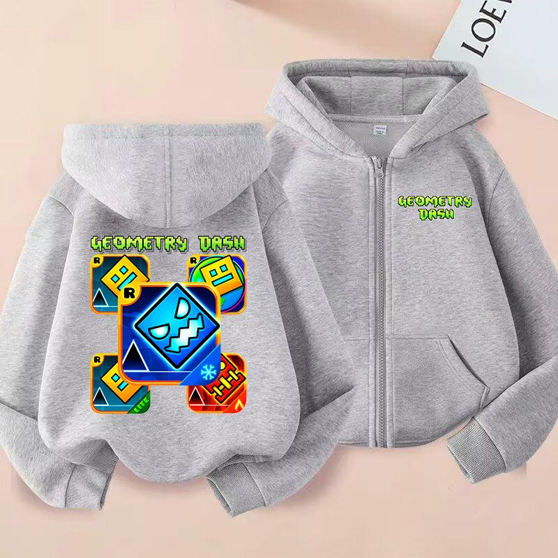 Худи на молнии с принтом Geometry Dash Одежда для мальчиков и девочек Повседневные топы Куртка-толстовка с длинным рукавом Детские толстовки на молнии с мультяшным принтом