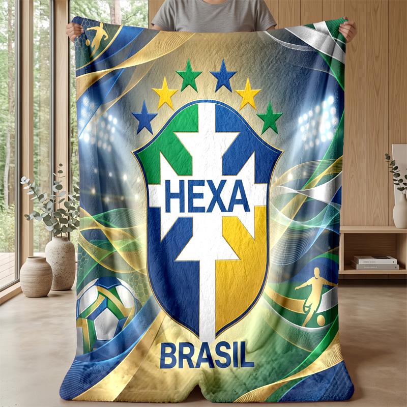 Brazil Football Printed Flannel Blanket Skin Friendly Warm Decorative Throw for Indoor Couch Bed Daily Use