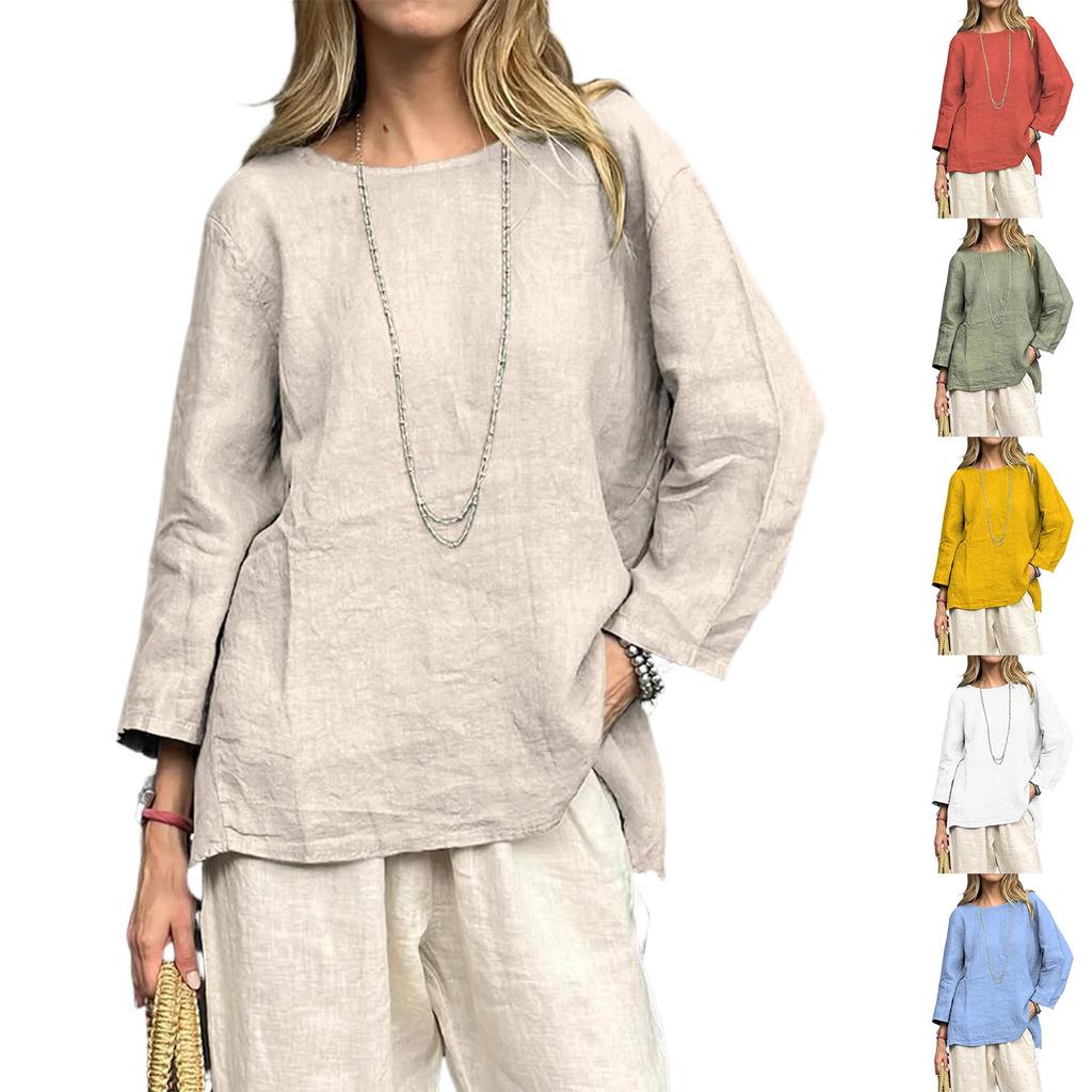 Женский свободный топ из хлопка и льна с ретро-принтом, круглым вырезом и длинными рукавами