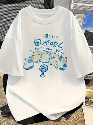 Plus Size, Cool and Breezy Cat Themed Fun Print T Shirt New Summer Korean Style Versatile Versatile