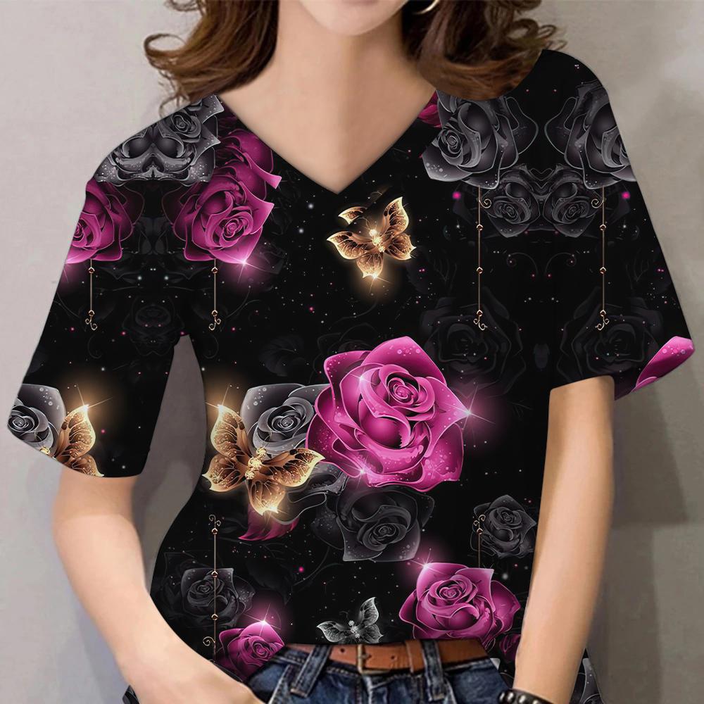 Женские топы с 3D цветочным принтом и коротким рукавом с V-образным вырезом, летние футболки для влюбленных пар