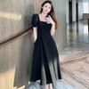 2025 French Hepburn Black Square Neck Long Dress for Pear-Shaped Women