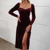 Women's New Autumn Split Mid-Length Velvet Solid Colour Square Neck Dresses