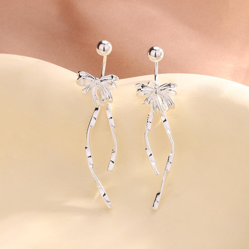 Ribbon Bow Earrings Delicate Girly Internet Celebrity Tassel Screw Earrings First Love Complex Long Ribbon Earrings