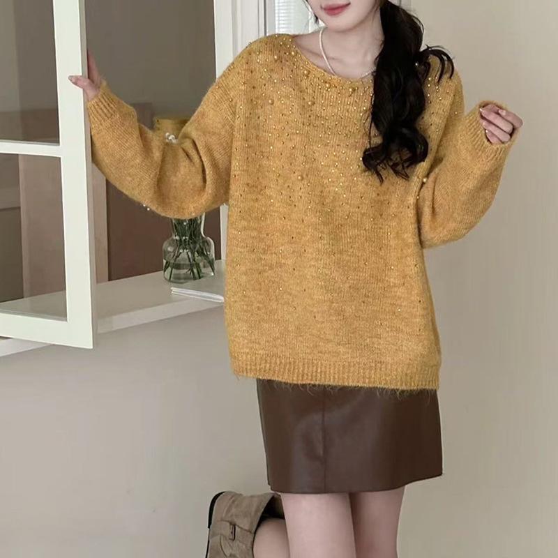 Korean High-End Beaded Knit Pullover for Women - Autumn/Winter Slimming Loose Sweater
