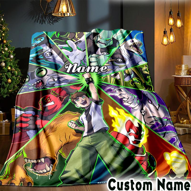 Custom Name Ben Alien Force Throws Blanket Flannel Blankets for Couch Bed Gifts for Men Women Picnic blanket Christmas fan gifts