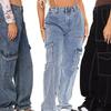 Ladies Straight Loose Wide Leg Pants Cargo Multi Pocket Jeans Casual Jeans For Women