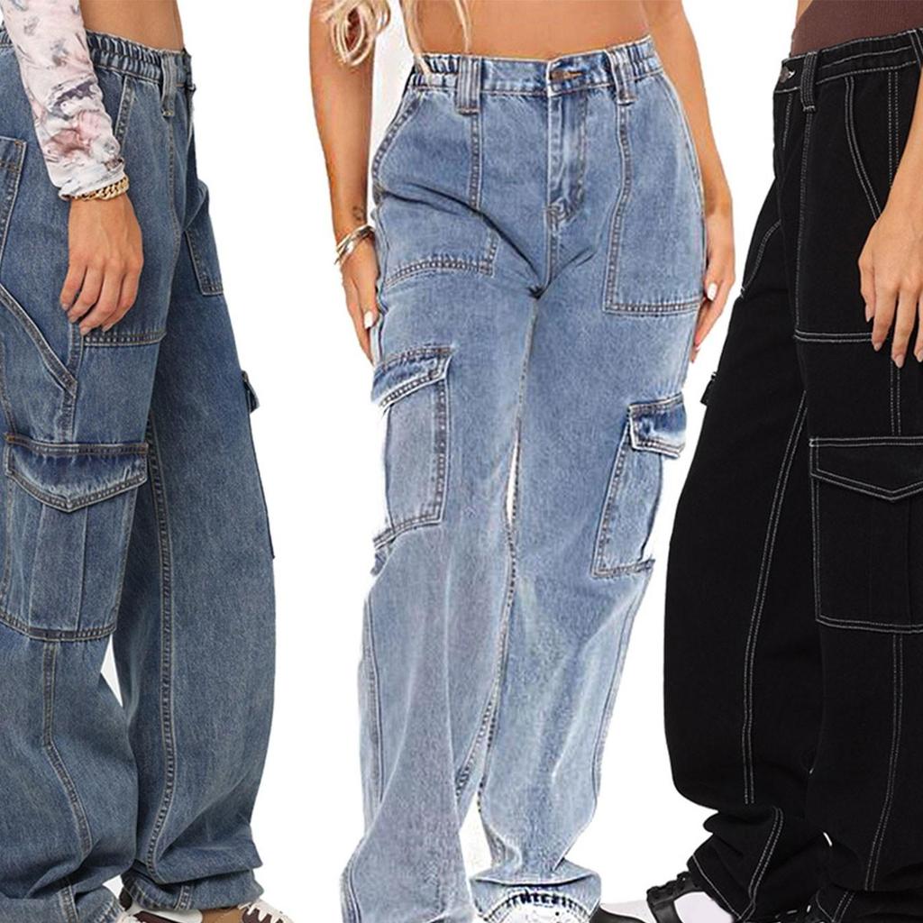 Ladies Straight Loose Wide Leg Pants Cargo Multi Pocket Jeans Casual Jeans For Women