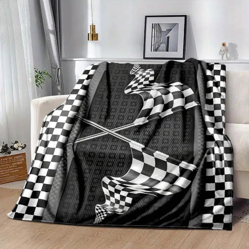 Black and White Checkered Flag Art Print Blanket - Flannel Blanket, Racing Theme for Sofa, Bed, Picnic and Casual Office Use