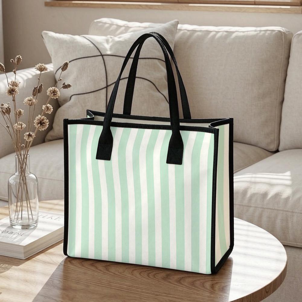 Mint White Striped Canvas Tote Bag Daily Casual Large Capacity Handbag