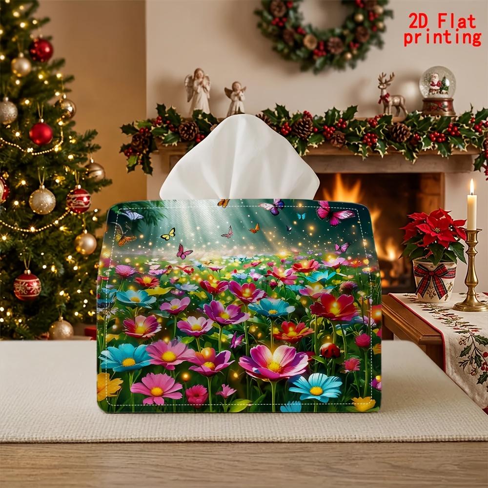 2D Flat 1pc, Tissue Box. Multicolored Sea of Flowers Patterned Napkin Dispenser Box, Reusable, Daily Desktop Tissue Storage Box, Suitable for Kitchen,