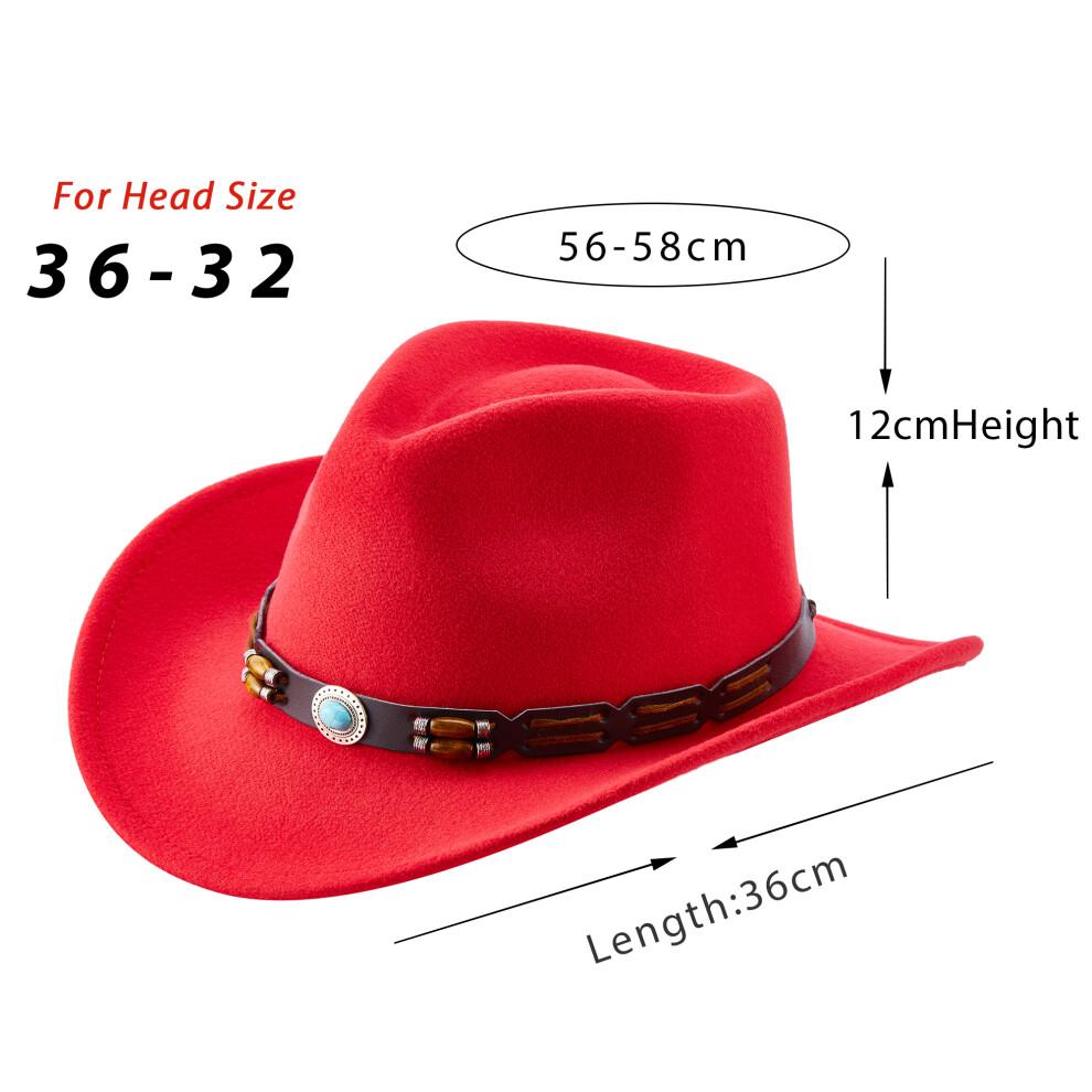 (One Size, Red) Western Cowboy Hat for Women Men Bohemian Cowgirl Hat with Beads Trim Outdoor Sun Hat