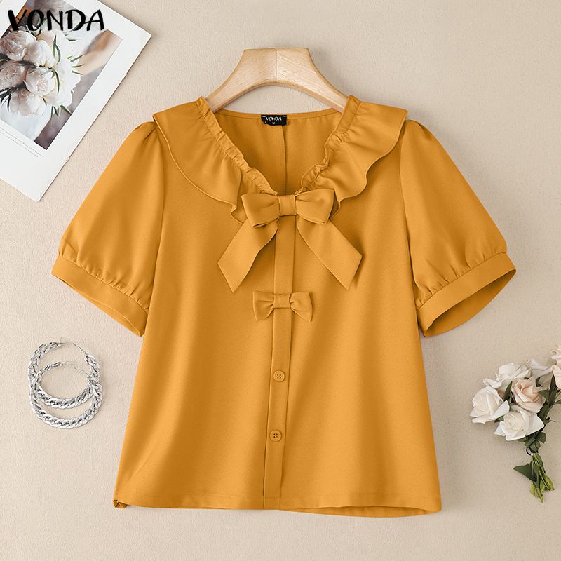 VONDA Женская блузка с лацканами, короткими рукавами, пуговицами, бантом, повседневная, укороченная