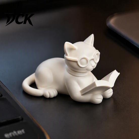 Маленькие настольные украшения 3D-печатная фигурка читающего кота, Декоративная статуэтка с очками, Современные настольные аксессуары, Креативное животное-настольное украшение