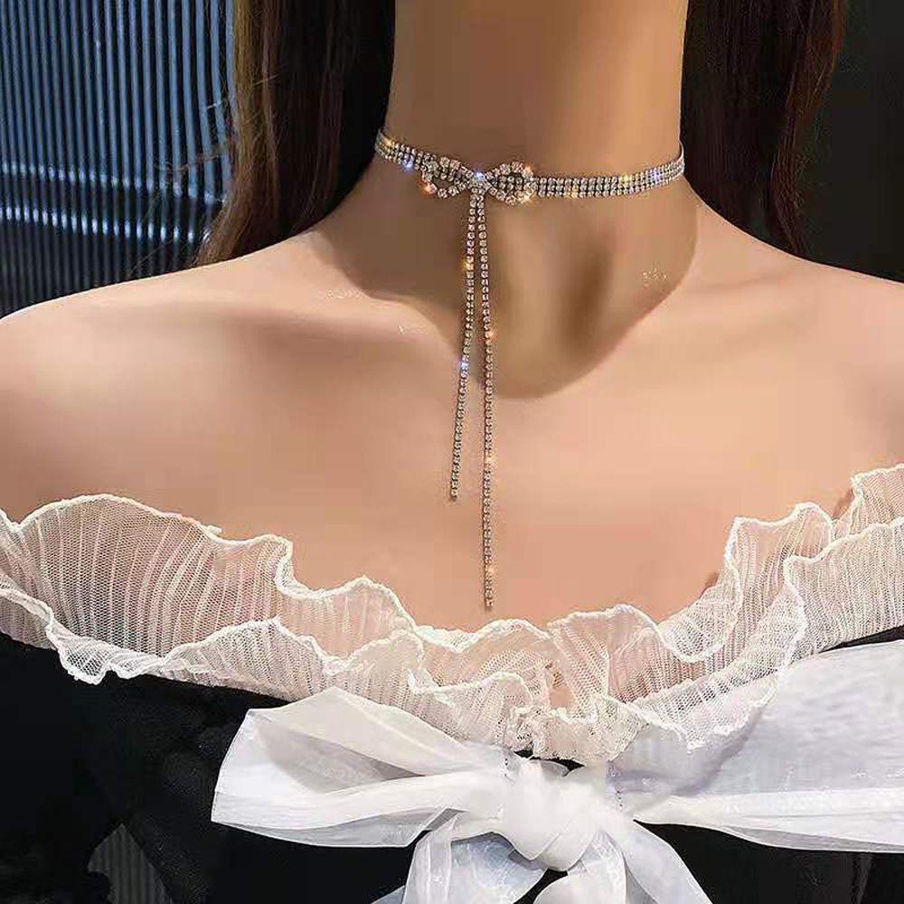 Party Trendy Chain Zircon Tassel Bow Woman Clavicle Choker Korean Necklace Neck Jewelry Crystal