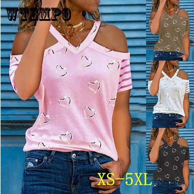 Европейская и американская летняя женская повседневная футболка с короткими рукавами и открытыми плечами с принтом, свободная и удобная рубашка с v-образным вырезом