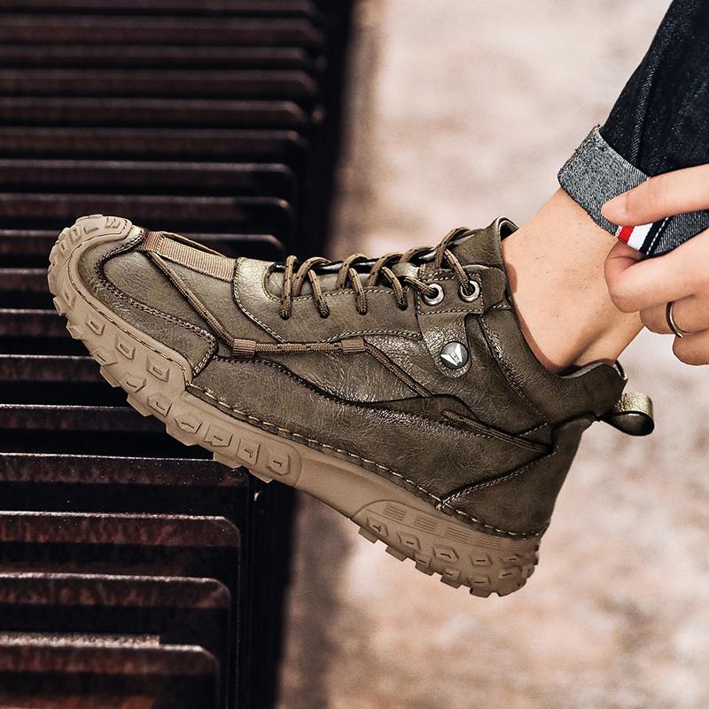 38-46 Модные зимние ботинки для мужчин, плюшевые кожаные ботинки с ручным швом, высокие походные ботинки, нескользящие, теплые, мужские ботинки, большие