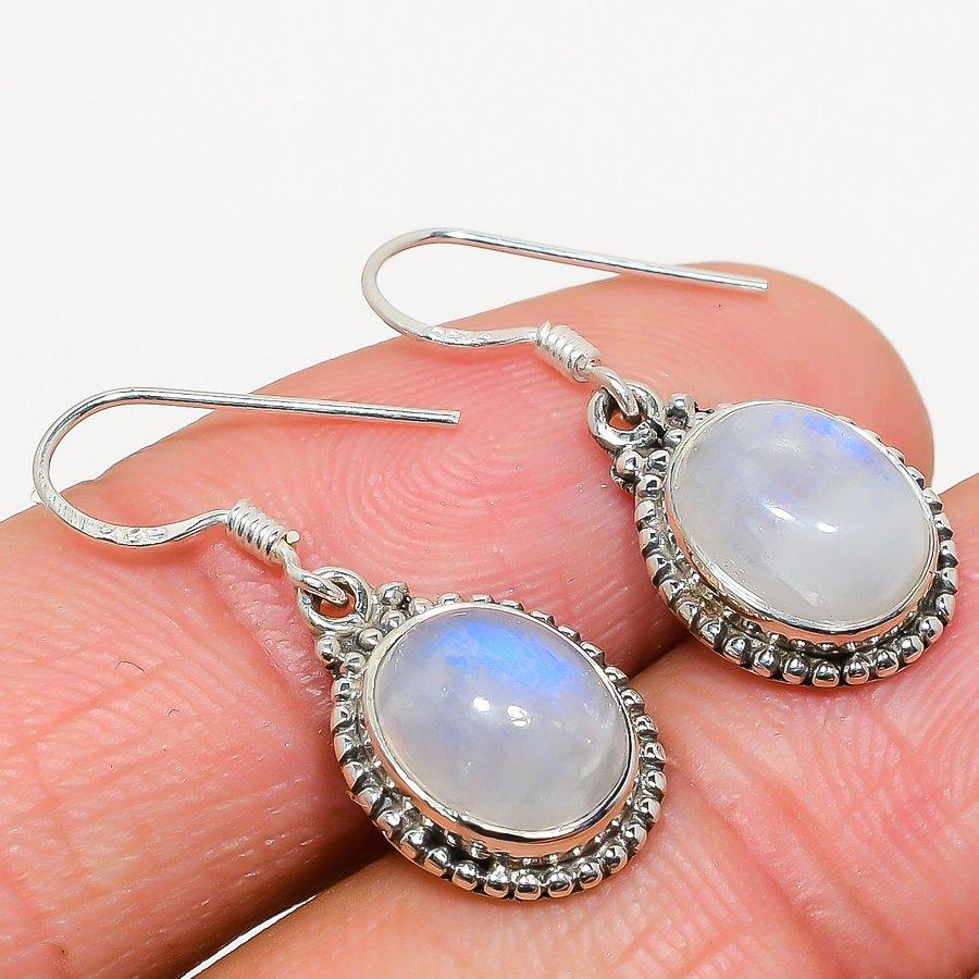 Natural Rainbow Moonstone Gemstone 925 Solid Sterling Silver Earring 1.25" Z8A99