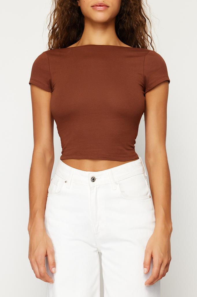 Women's Fashion Blouse Crew Neck Short Black Backless Tie Detailed Ribbed Flexible Knitted Blouse